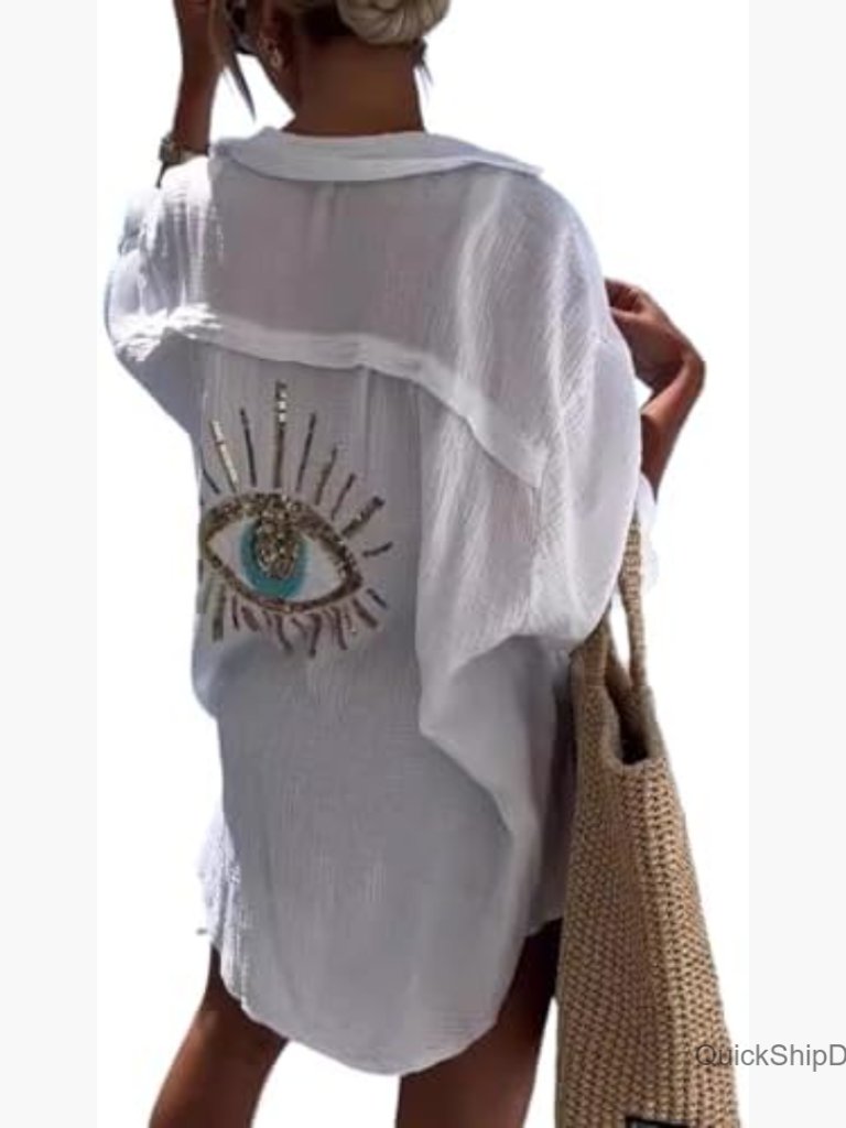 Long Sleeve Linen Button Down Shirt Oversized Sequin Evil Eye Beach Cover Up